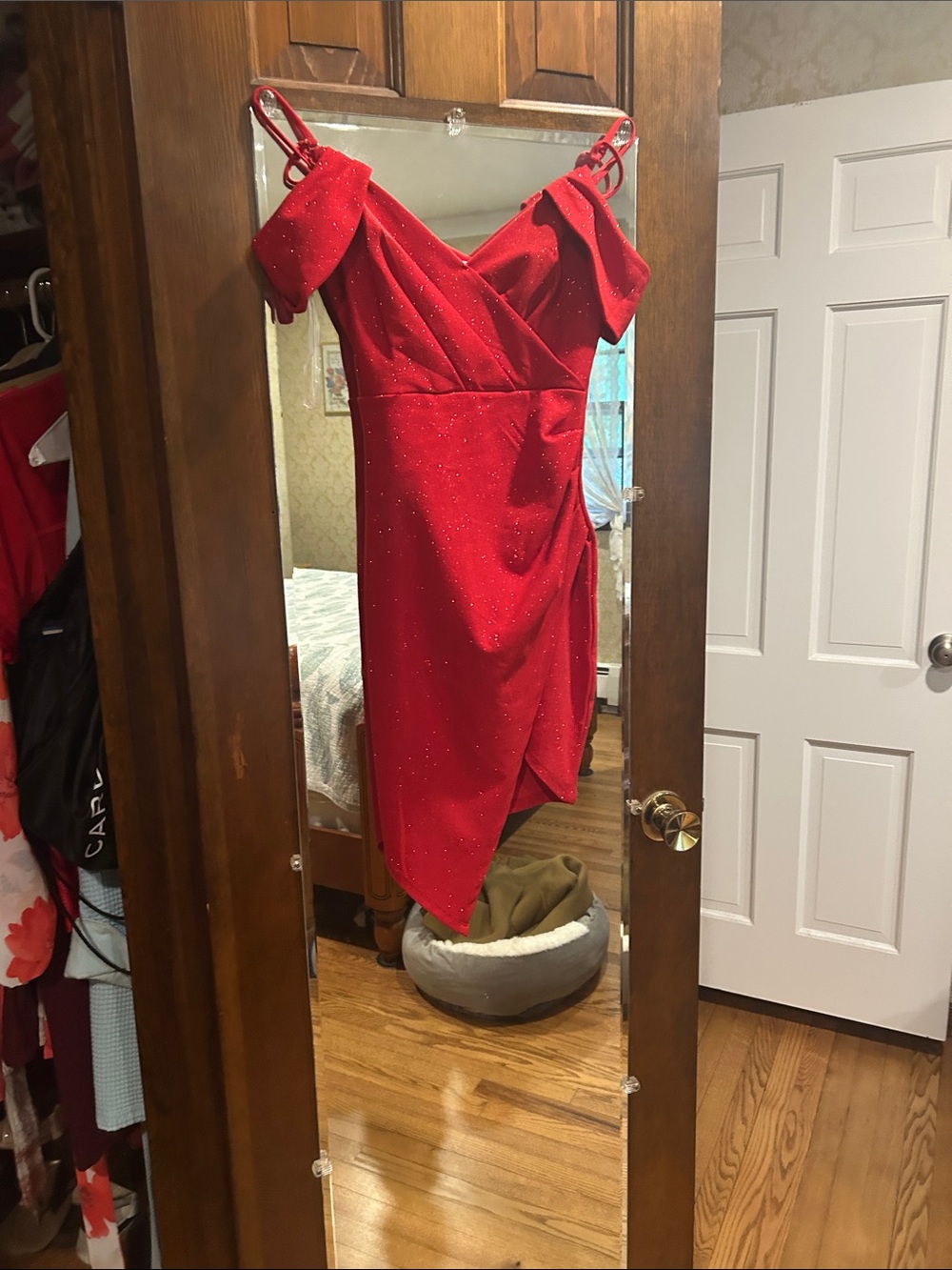 Festive Red Off-Shoulder Sparkle Dress